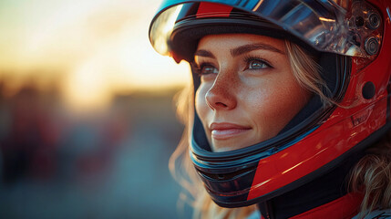 A confident female racer in a sleek, form-fitting uniform stands tall, exuding professionalism and elegance. The blurred modern background enhances her grace and determination