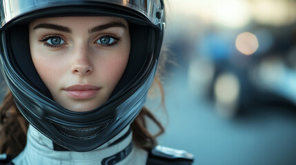 A confident female racer in a sleek, form-fitting uniform stands tall, exuding professionalism and elegance. The blurred modern background enhances her grace and determination