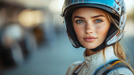 A confident female racer in a sleek, form-fitting uniform stands tall, exuding professionalism and elegance. The blurred modern background enhances her grace and determination