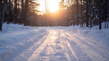 Obraz premium Winter Wonderland Scenic Landscape with Sunlight and Snow-Covered Road in Beautiful Forest Setting : Generative AI