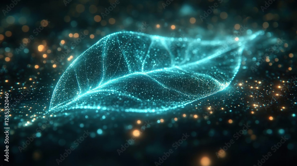 Aufkleber glowing digital leaf in blue and gold hues with particle effect on a dark background for technologic