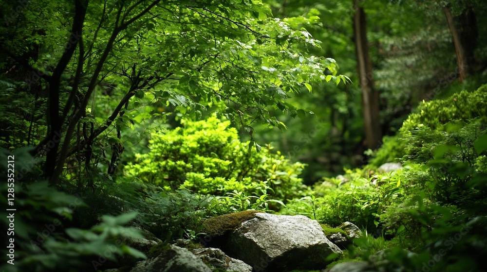 Aufkleber peaceful verdant forest scene with lush greenery and sunlight filtering through the trees : generati