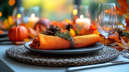 A place setting with an orange napkin awaits a Thanksgiving feast on a white wooden table.