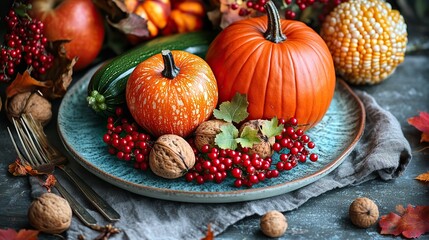 A plate, cutlery, a napkin, pumpkins, apples, zucchini, corn, rowan berries, walnuts, and acorns on a gray wooden desk.