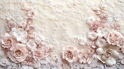 Delicate Floral Lace Design Featuring Pink and Cream Flowers on Fine Fabric