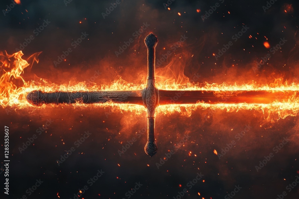 Poster Hope and strength illustrated through a fiery sword effect with dynamic lines and glowing elements, footage video hope text effect lines with fire, saber