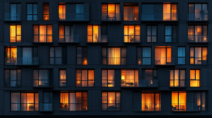 A seamless skyscraper facade with illuminated windows and blinds at night symbolizes urban life, productivity, and modern architecture, contrasting glowing lights with dark walls