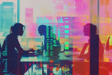 Collaborative financial data analysis among diverse colleagues in a modern office setting, financial data processing over diverse colleagues working in office