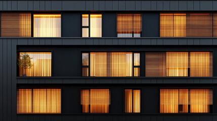 A seamless skyscraper facade with illuminated windows and blinds at night symbolizes urban life, productivity, and modern architecture, contrasting glowing lights with dark walls