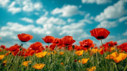Fototapeta premium Vibrant Wildflowers Blooming Under a Blue Sky With Fluffy Clouds in a Sunlit Field During Springtime