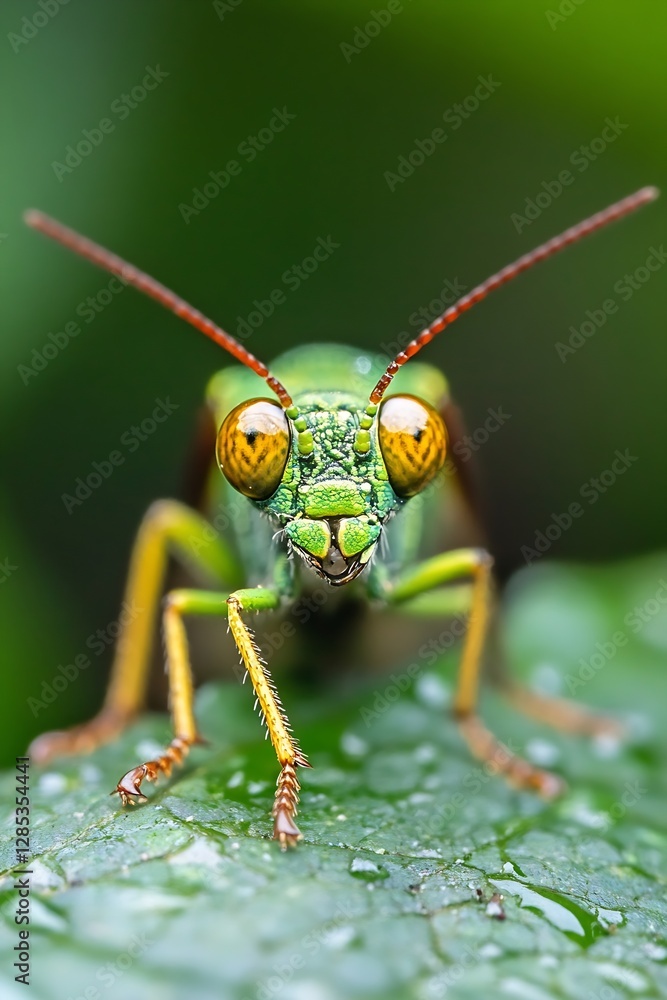 Poster close up of a vibrant green grasshopper with striking orange eyes resting on a leaf : generative ai