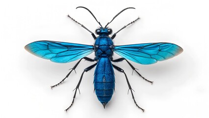 Striking Blue Wasp: A macro shot of a vibrant blue wasp, its delicate wings and intricate body details exquisitely captured against a simple backdrop.