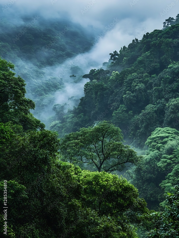 Poster dense lush green forest with misty mountains in the background : generative ai