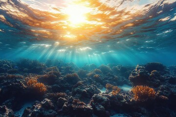 Fototapeta premium Sunlight Streaming Through Turquoise Underwater Scene With Coral Reefs and Textured Seafloor Creates a Calming Exploration Theme