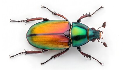 Fototapeta premium Jewel Beetle: A stunning top-down view of a vibrant jewel beetle, showcasing its iridescent, multi-colored exoskeleton, meticulously captured in vivid detail. 