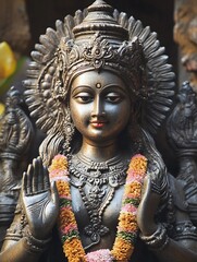 Elegant depiction of the goddess Lakshmi sculpture adorned with vibrant flowers and gold details : Generative AI