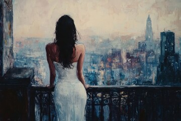 Woman in white dress overlooking a sprawling cityscape from a balcony at dusk, Woman Overlooking City from Balcony