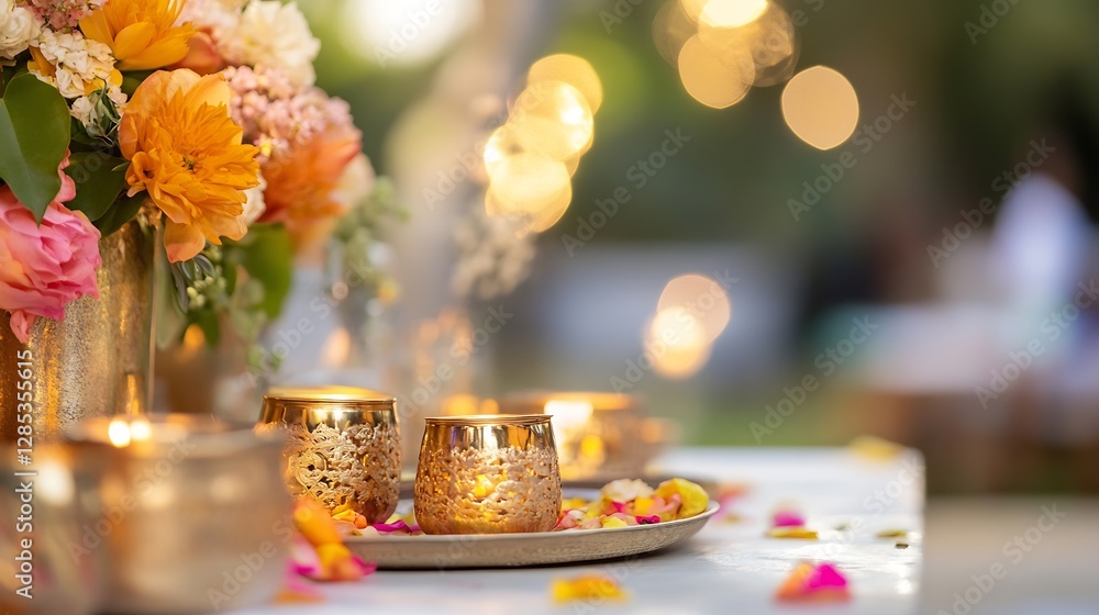 Poster elegant table setup with floral centerpiece and soft lighting : generative ai