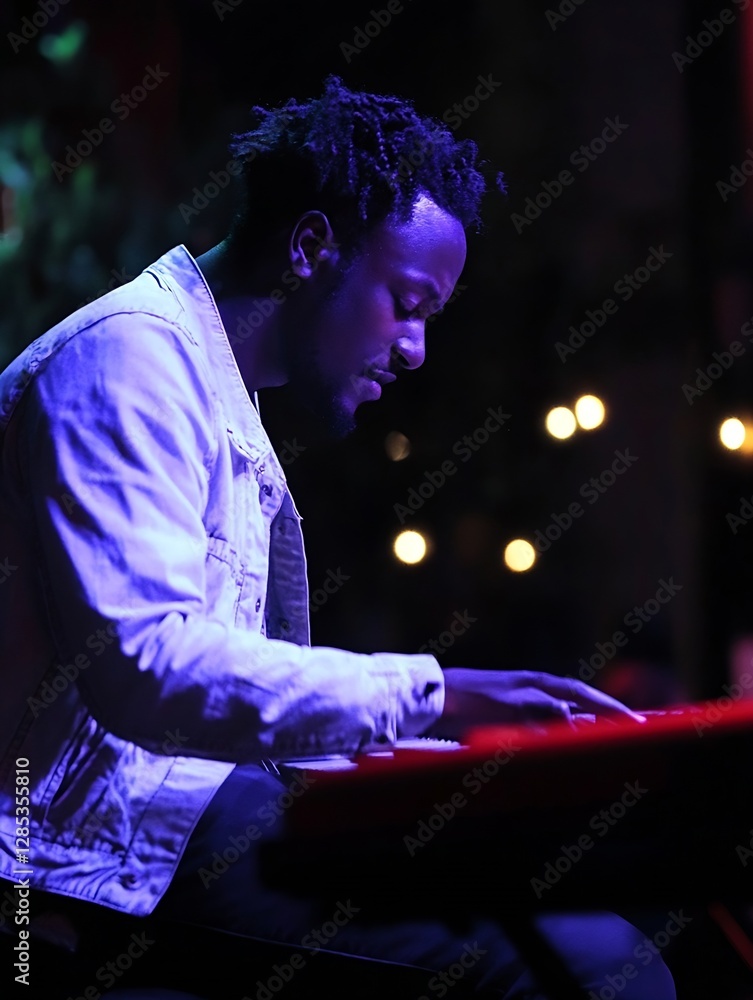 Poster passionate musician playing keyboard under vibrant stage lights creating a mesmerizing musical atmos