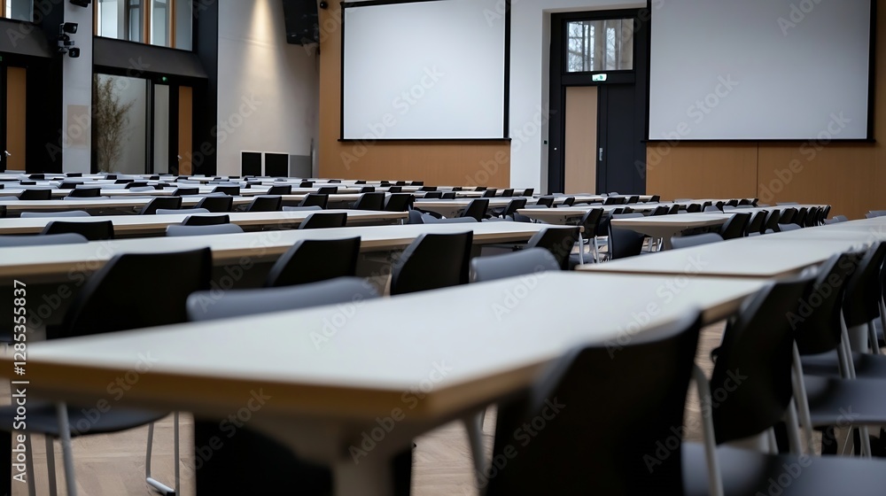Poster Spacious conference room with empty tables and chairs set for an upcoming meeting or event : Generative AI