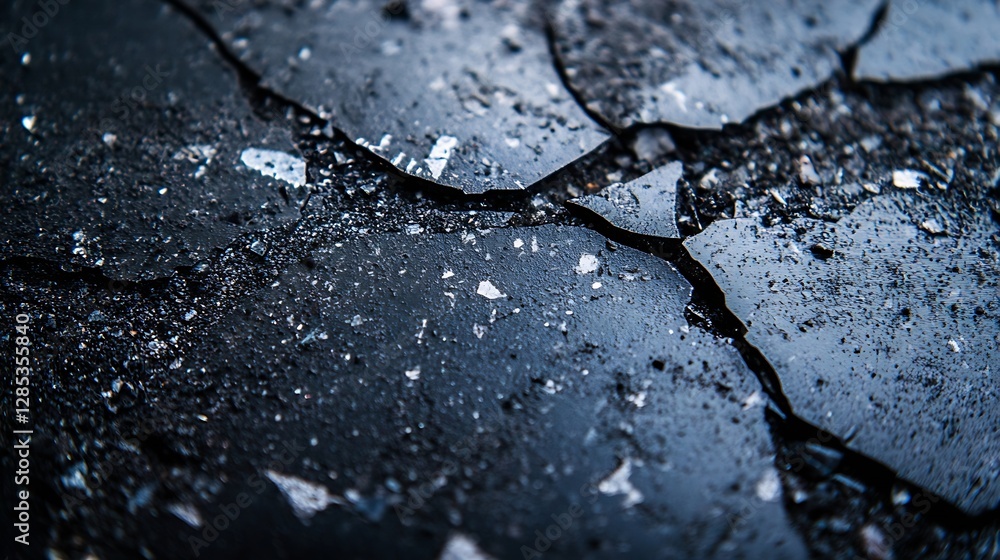 Aufkleber detailed close-up of shattered glass pieces laying on a dark surface with sharp edges and fine textu