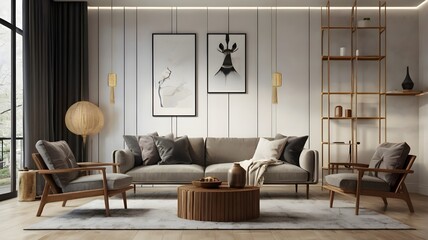 Modern interior living room design have armchair and decor accessories on white wall- 3D rendering.