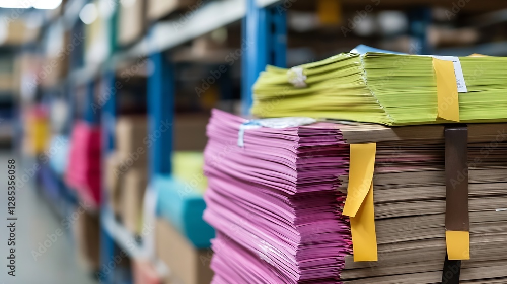 Poster stacked colorful paper sheets in a modern office environment : generative ai
