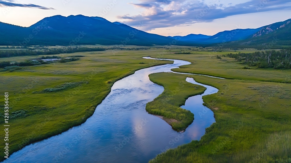 Poster winding river flowing through lush green meadow with mountains in background : generative ai