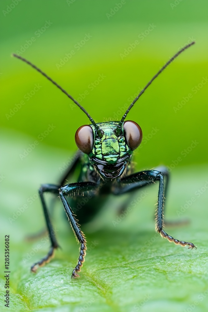 Poster Close up of green grasshopper insect on leaf with detailed features and vivid colors : Generative AI