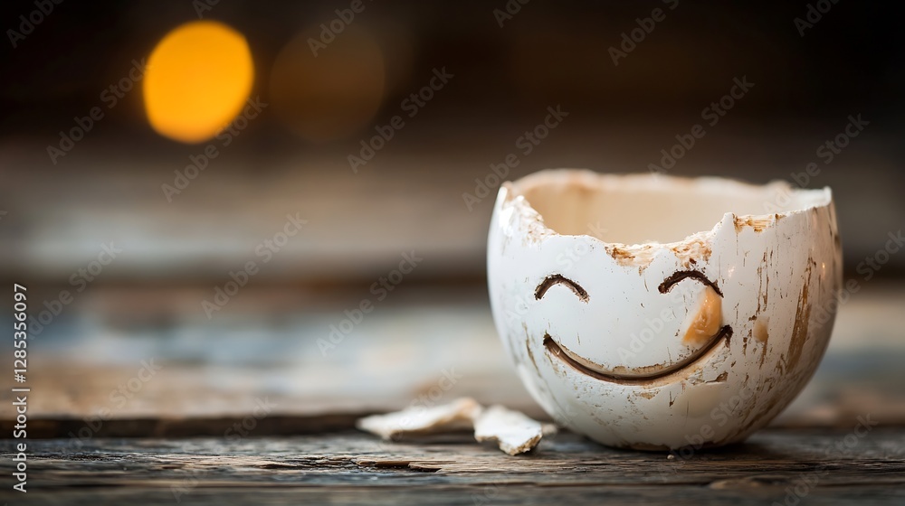 Poster Charming broken eggshell with facial expression placed on rustic wooden table : Generative AI