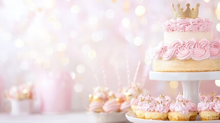 Delicate Celebration: A close-up captures an array of elegantly decorated cupcakes and a tiered cake, crowned with a golden tiara, arranged on a serving stand against a dreamy, bokeh background.
