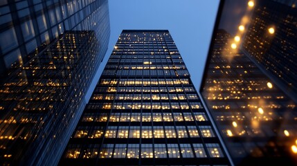 Cityscape at Dusk with Reflections of Tall Buildings and Warm City Lights : Generative AI