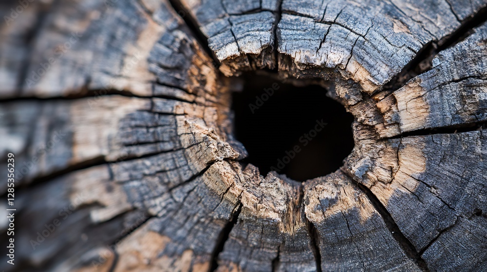 Poster A close up photograph of a weathered tree stump with a large hole revealing textures of nature : Generative AI