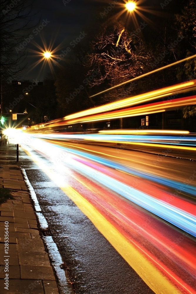 Aufkleber dynamic light trails on a street at night creating an artistic vivid scene : generative ai
