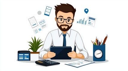 Professional man with tablet and documents in modern workspace, showcasing productivity and technology in business