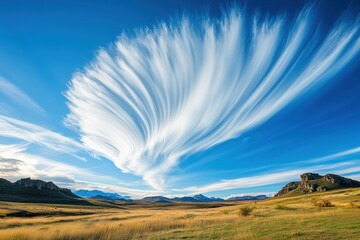 Dramatic moving cloud formation floats in a vibrant blue sky above grassy landscape and distant mountains, moving cloud on blue sky