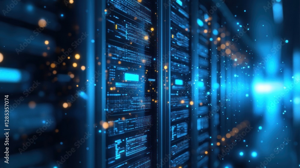 Poster digital data center: server room with futuristic blue glowing displays and data streams