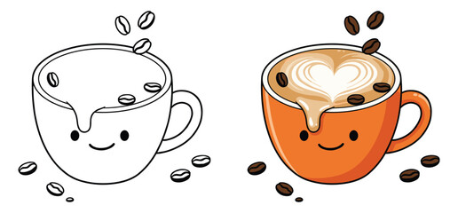A coffee cup and saucer with coffee beans  Vector illustration with white background