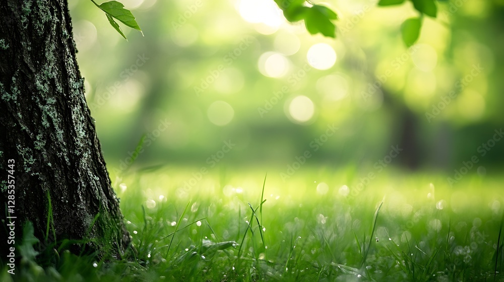Poster Vibrant Green Grass with Dew Drops and a Majestic Tree in a Lush Outdoor Setting : Generative AI