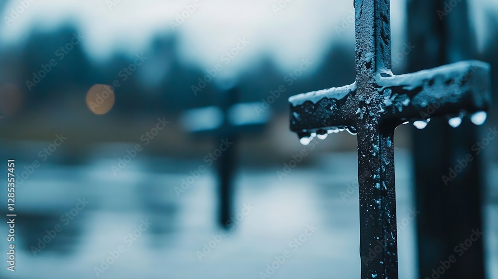 Poster close up of water droplets on cross in a serene outdoor setting : generative ai