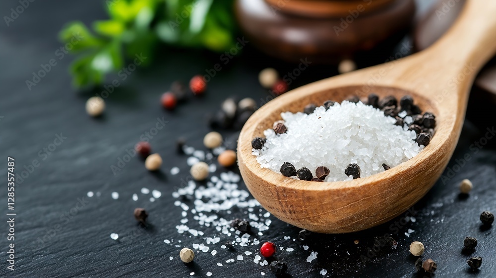 Poster close up of salt and pepper spices in a wooden spoon on table : generative ai