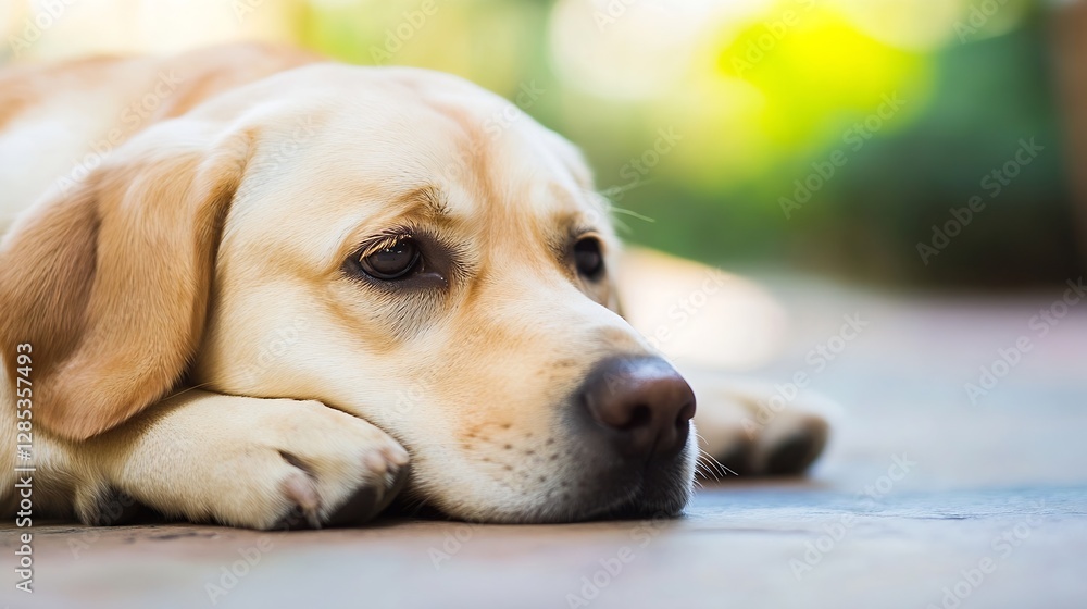 Poster solemn and cute expression of a lying golden retriever dog : generative ai