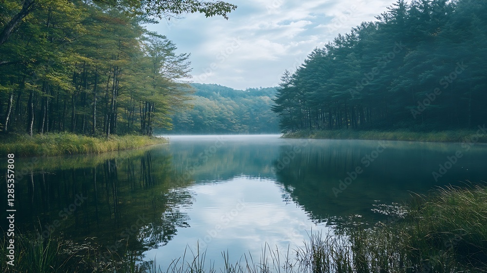 Poster calm serene lake surrounded by misty trees reflecting on water : generative ai