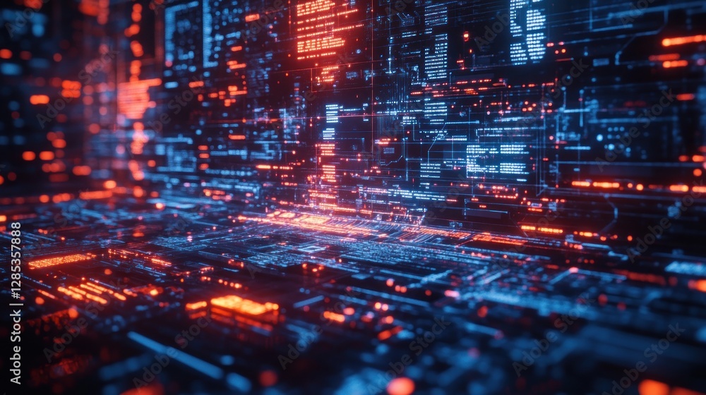 Poster abstract digital matrix: neon glow in cyberspace