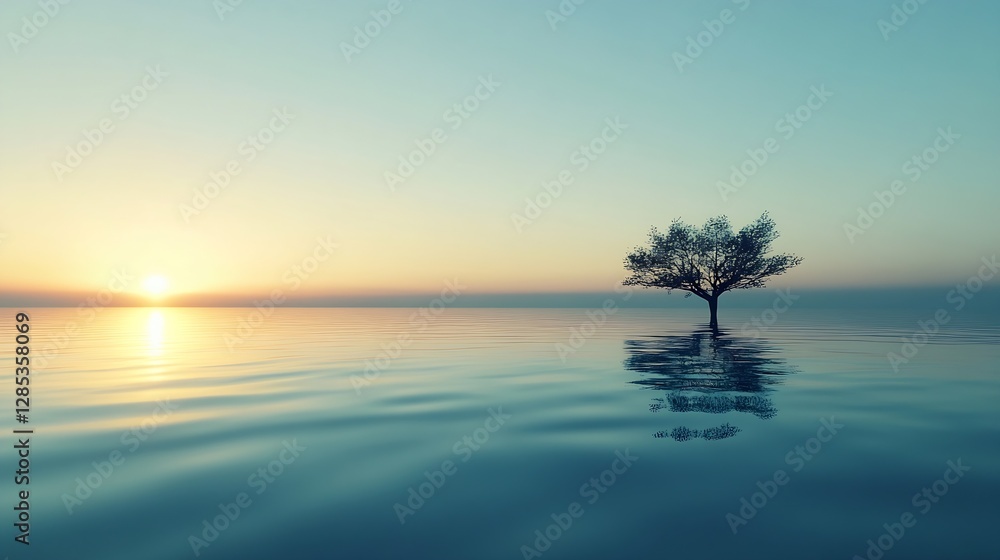 Poster serene sunset over calm water with solitary tree creating a tranquil nature landscape : generative a