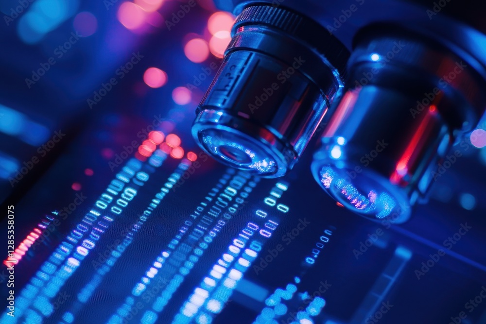 Poster digital data processing and scope scanning highlighting blue light technology, digital data processi