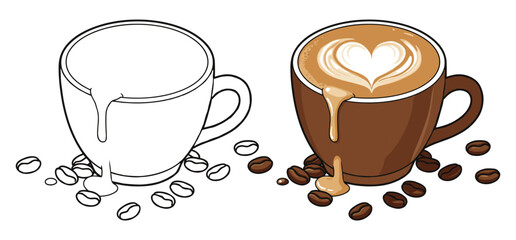A coffee cup and saucer with coffee beans  Vector illustration with white background