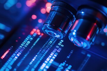 Digital data processing and scope scanning highlighting blue light technology, digital data processing over scope scanning on blue background