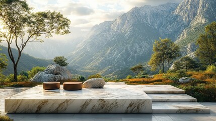 A pristine marble pedestal is placed strategically with a panoramic mountain view