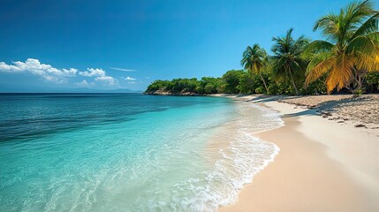 Fototapeta premium A pristine tropical beach invites you to relax on its white sand and soak up the sun, while the mesmerizing blue ocean water beckons you for a swim